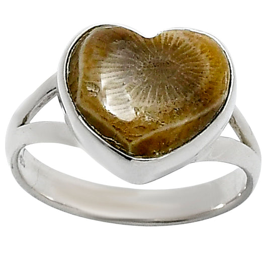 Heart Natural Flower Fossil Coral Ring size-8 R-1073 SDR248528