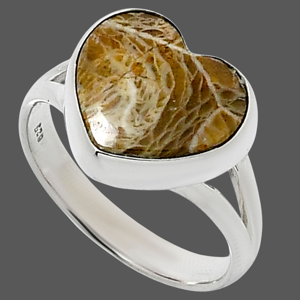 Heart Natural Flower Fossil Coral Ring size-8 R-1073 SDR248530