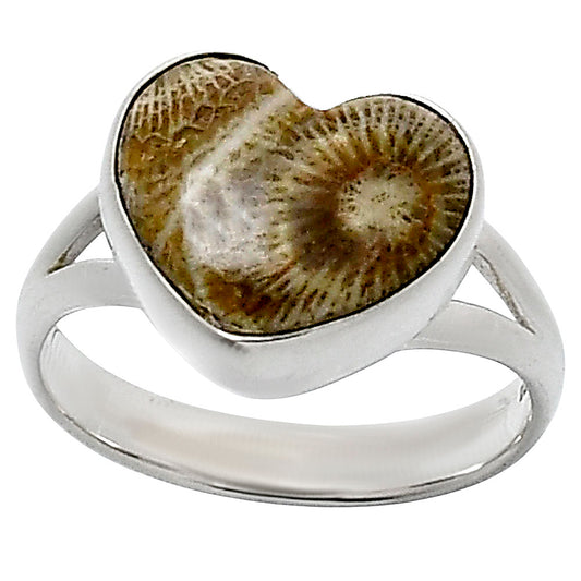 Heart Natural Flower Fossil Coral Ring size-8 R-1073 SDR248531