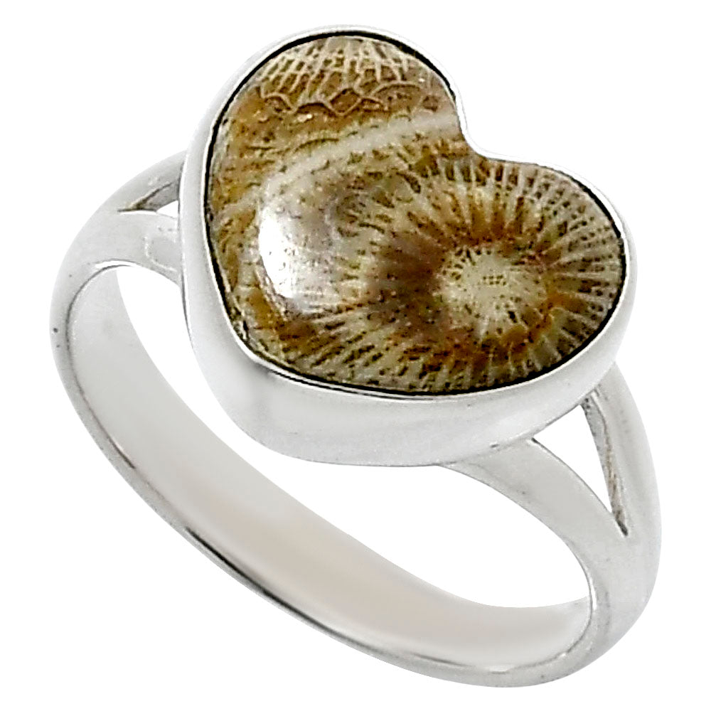 Heart Natural Flower Fossil Coral Ring size-8 R-1073 SDR248531