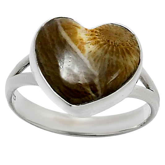 Heart Natural Flower Fossil Coral Ring size-9 R-1073 SDR248534