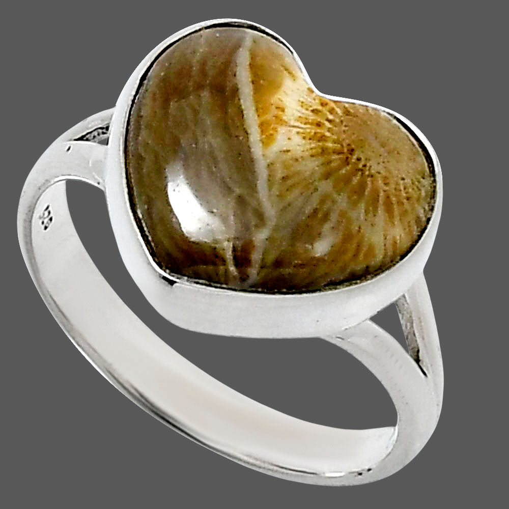 Heart Natural Flower Fossil Coral Ring size-9 R-1073 SDR248534