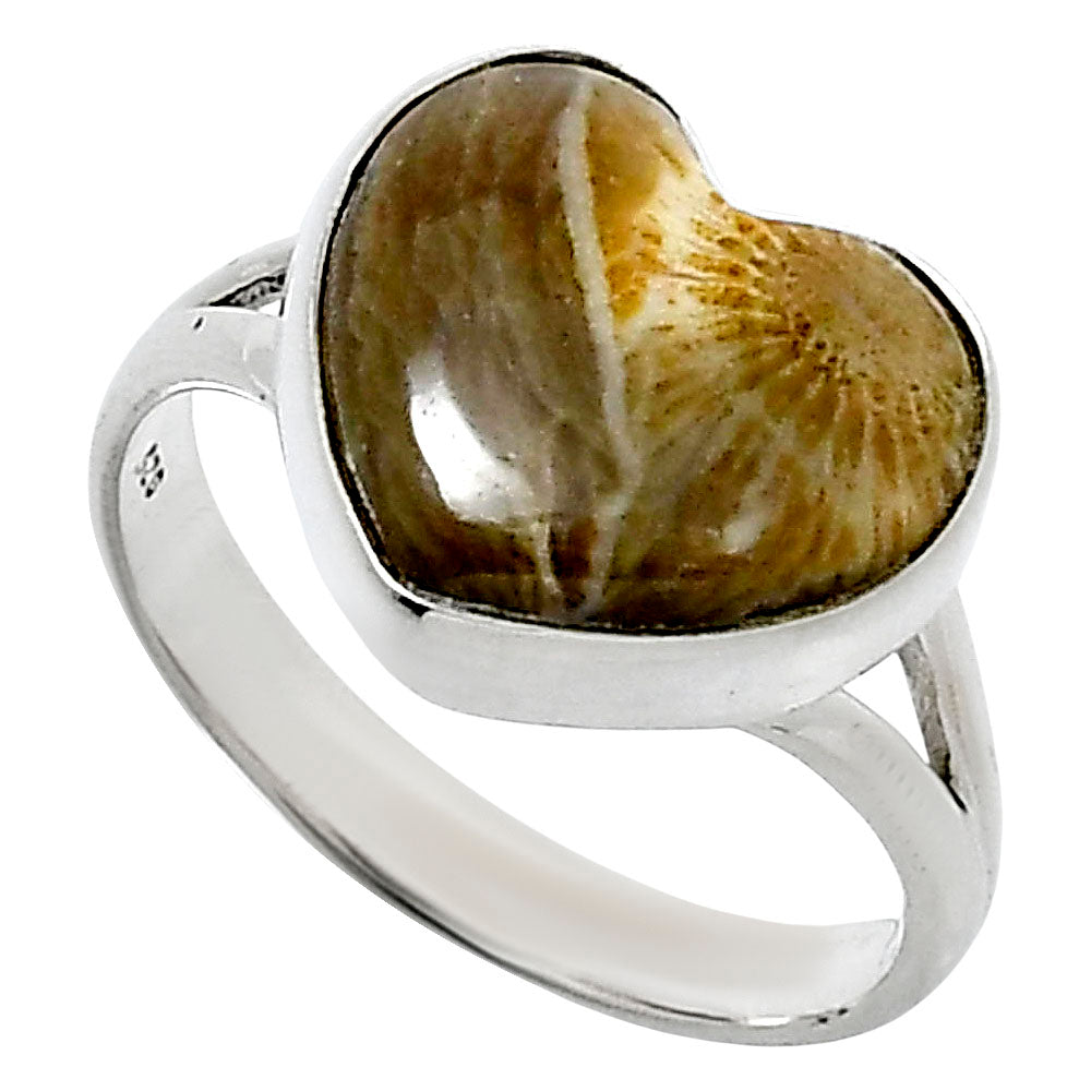 Heart Natural Flower Fossil Coral Ring size-9 R-1073 SDR248534