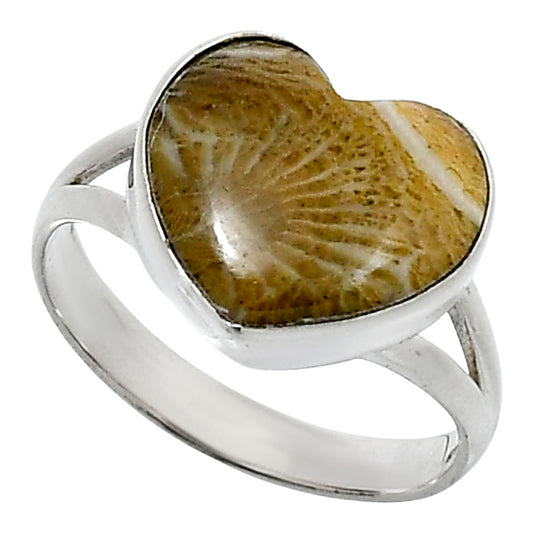 Heart Natural Flower Fossil Coral Ring size-9 R-1073 SDR248536