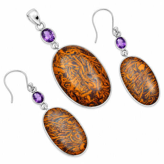 Coquina Fossil Jasper & Amethyst Pendant Earrings Set T-1010 SDT03068