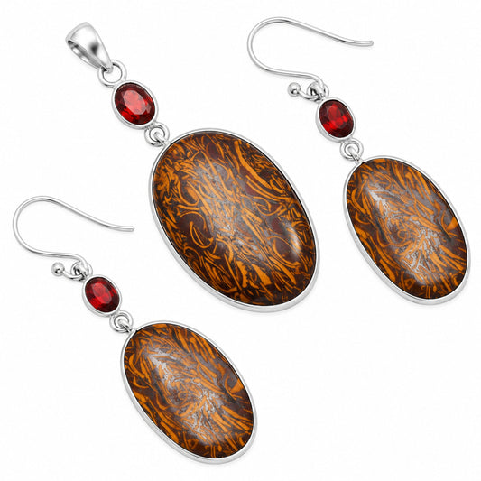 Coquina Fossil Jasper & Garnet Pendant Earrings Set T-1010 SDT03069