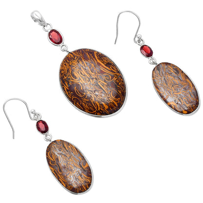 Coquina Fossil Jasper & Garnet Pendant Earrings Set T-1010 SDT03069