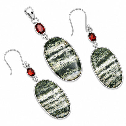 Natural Chrysotile & Garnet Pendant Earrings Set T-1010 SDT03078