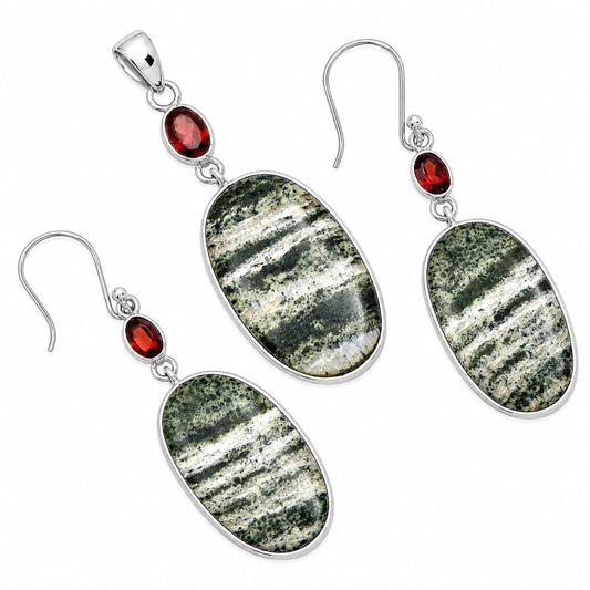 Natural Chrysotile & Garnet Pendant Earrings Set T-1010 SDT03078