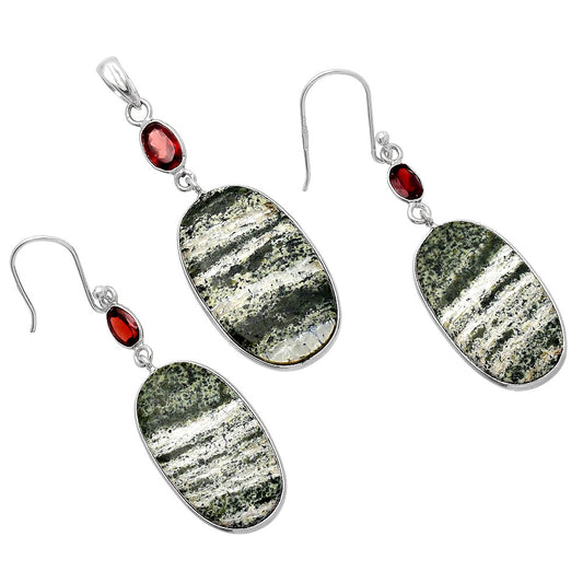 Natural Chrysotile & Garnet Pendant Earrings Set T-1010 SDT03078