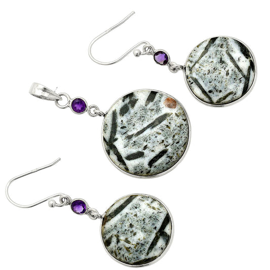 Hornblende & Amethyst Pendant Earrings Set T-1010 SDT03273