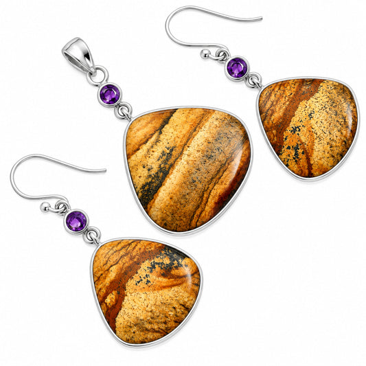 Natural Picture Jasper & Amethyst Pendant Earrings Set T-1010 SDT03276