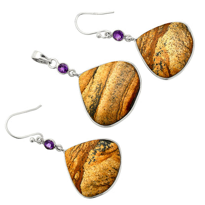 Natural Picture Jasper & Amethyst Pendant Earrings Set T-1010 SDT03276