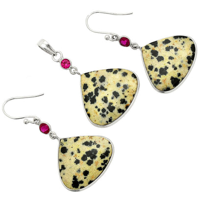 Natural Dalmatian & Ruby Pendant Earrings Set T-1010 SDT03277