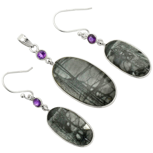 Natural Picasso Jasper & Amethyst Pendant Earrings Set T-1010 SDT03278