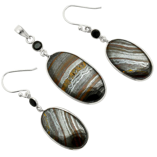Iron Tiger Eye & Black Onyx Pendant Earrings Set T-1010 SDT03283