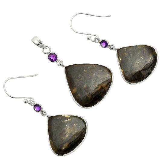 Palm Root Fossil Agate & Amethyst Pendant Earrings Set T-1010 SDT03286