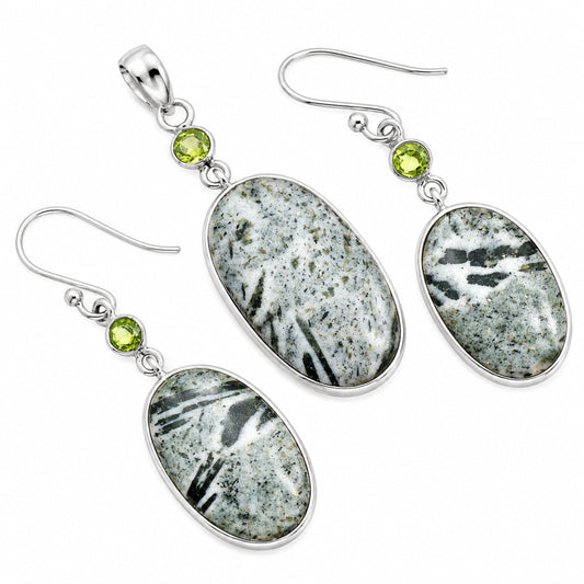 Hornblende & Peridot Pendant Earrings Set T-1010 SDT03294
