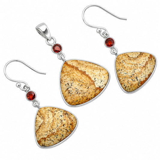 Picture Jasper & Garnet Pendant Earrings Set T-1010 SDT03323