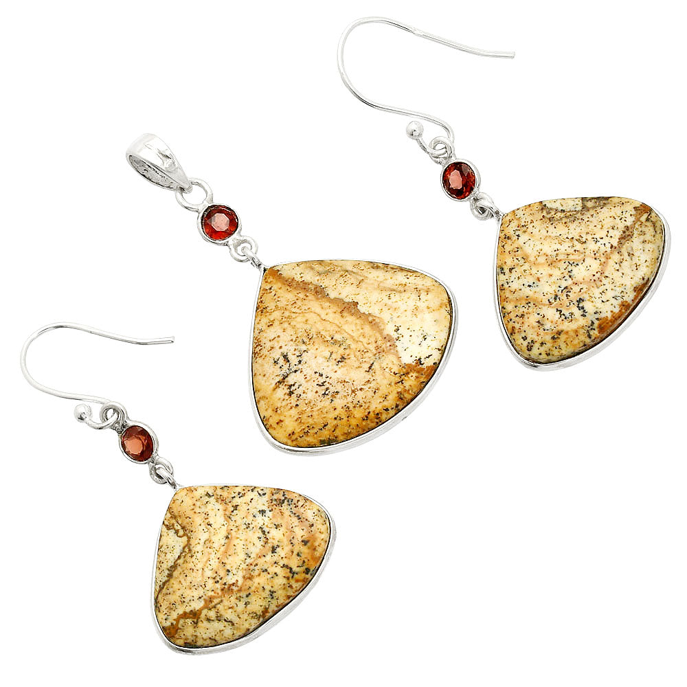 Picture Jasper & Garnet Pendant Earrings Set T-1010 SDT03323