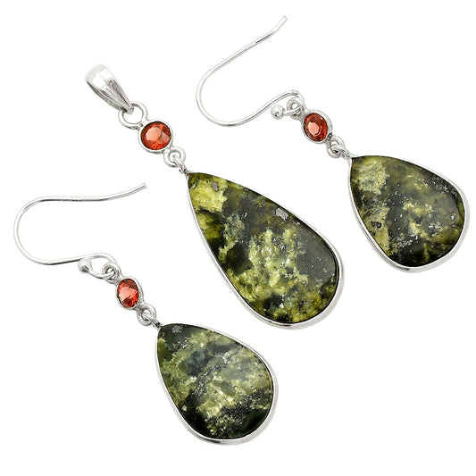 Serpentine & Garnet Pendant Earrings Set T-1010 SDT03327