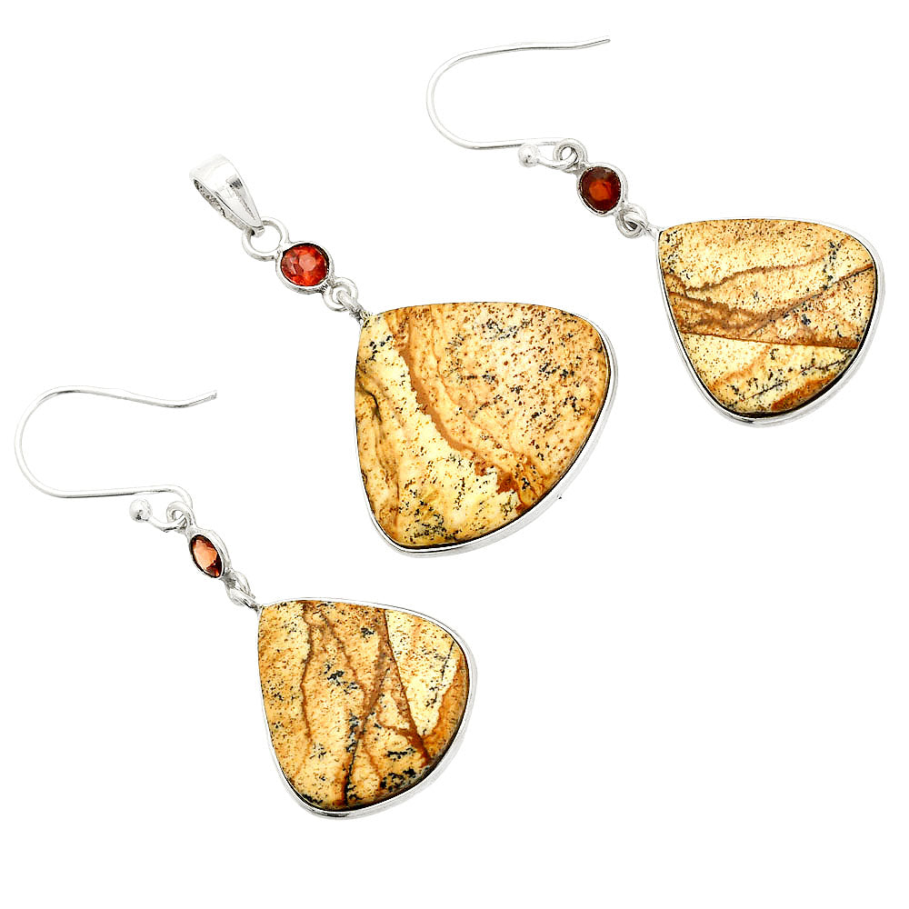 Picture Jasper & Garnet Pendant Earrings Set T-1010 SDT03332