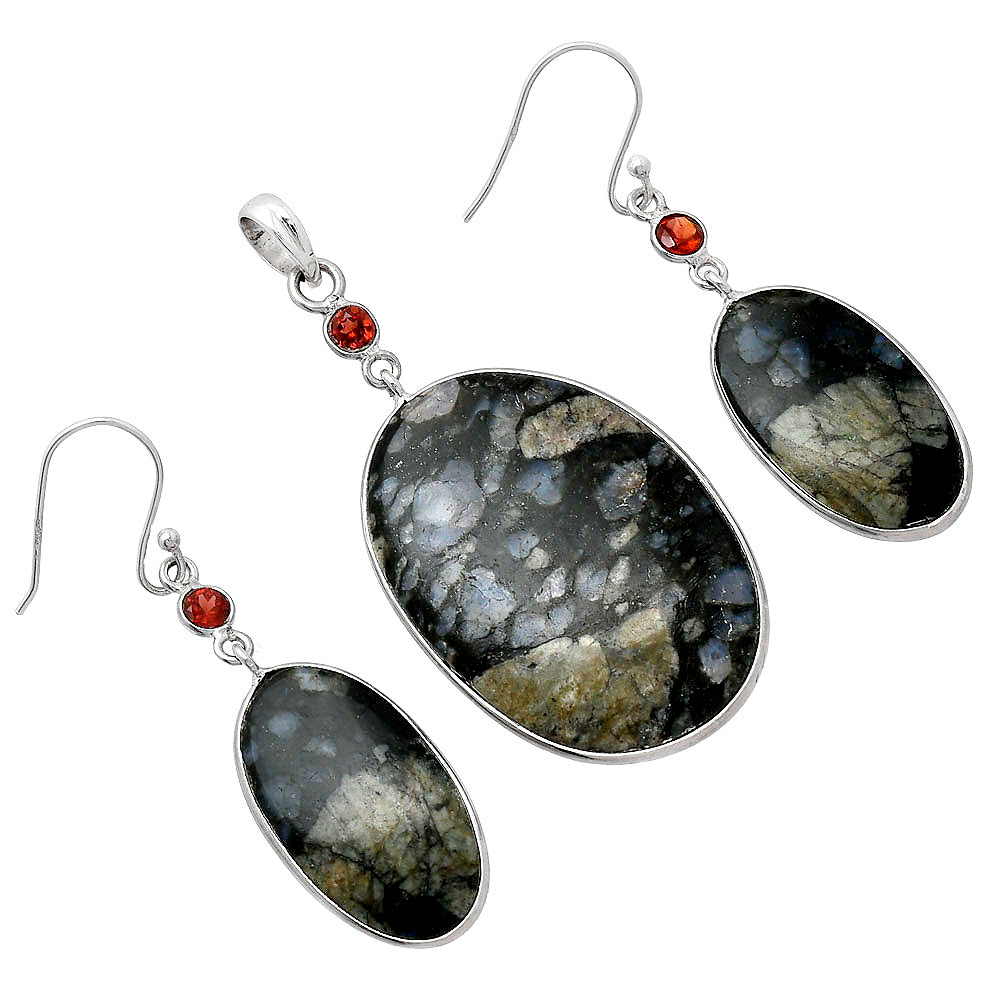 Llanite Blue Opal Crystal Sphere & Garnet Pendant Earrings Set T-1010 SDT03523