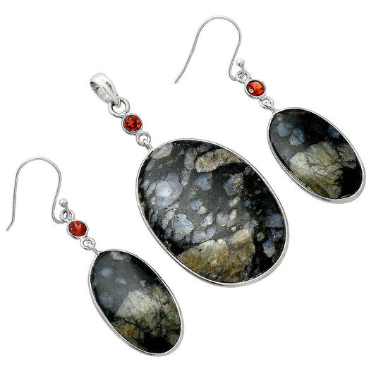 Llanite Blue Opal Crystal Sphere & Garnet Pendant Earrings Set T-1010 SDT03523