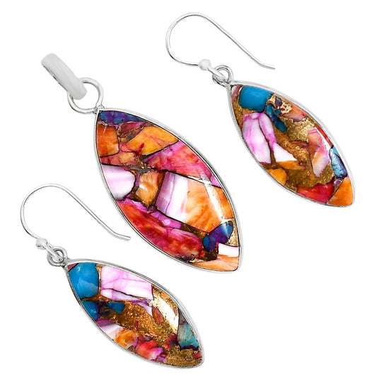 Kingman Orange Dahlia Turquoise Pendant Earrings Set T-1001 SDT03540