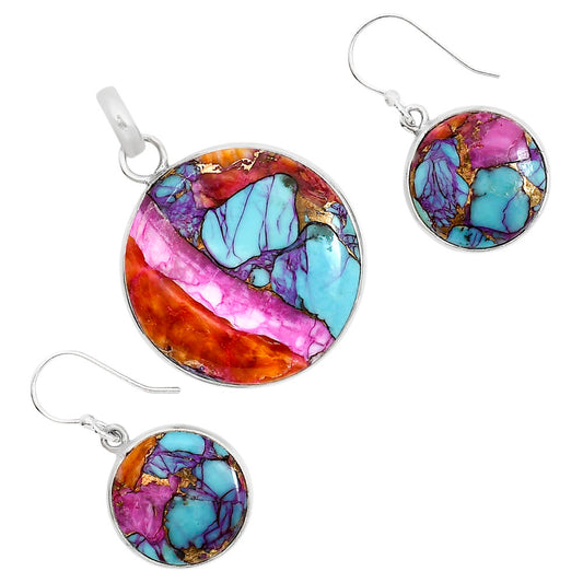 Kingman Orange Dahlia Turquoise Pendant Earrings Set T-1001 SDT03542