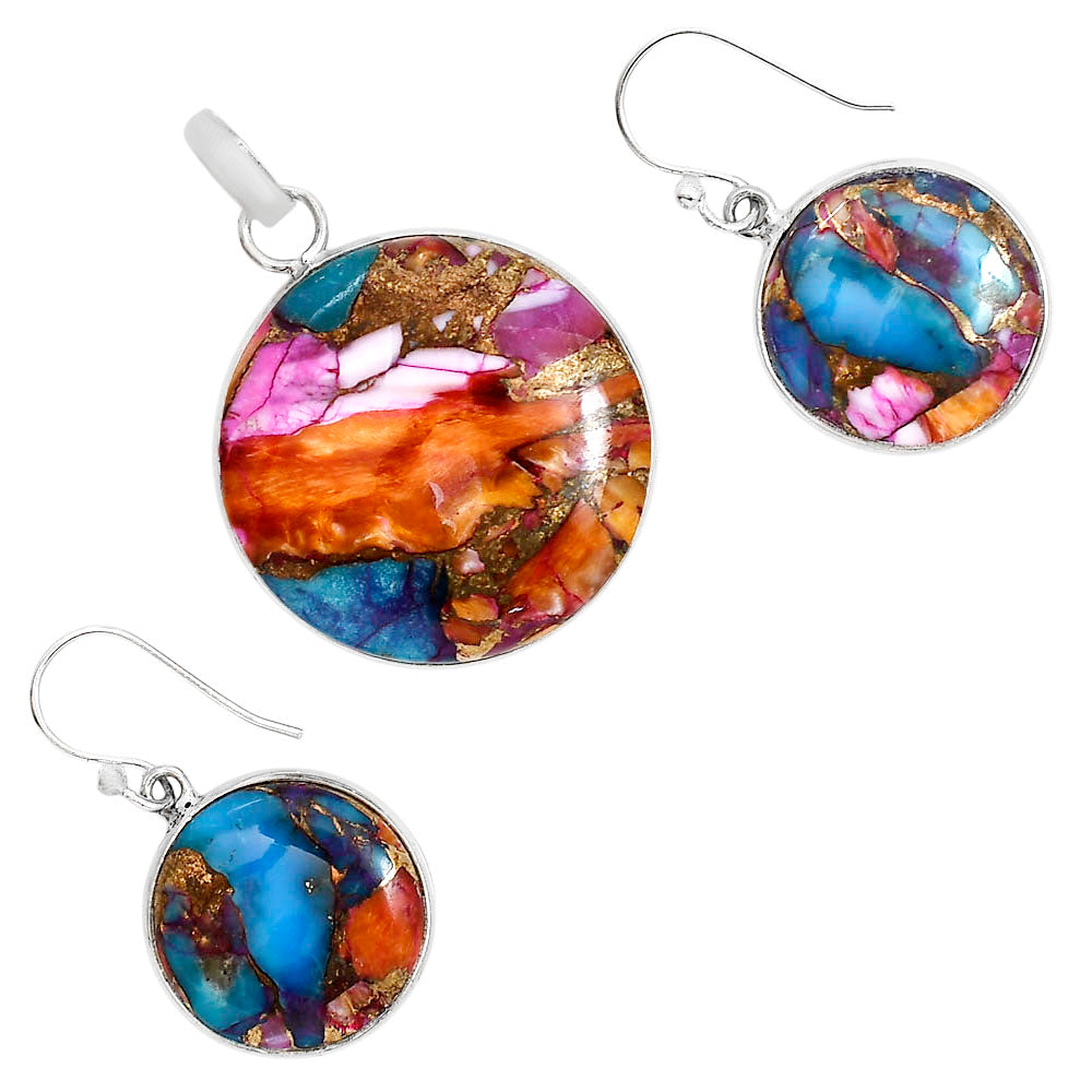 Kingman Orange Dahlia Turquoise Pendant Earrings Set T-1001 SDT03547