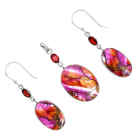 Kingman Orange Dahlia Turquoise and Garnet Pendant Earrings Set T-1010 SDT03557