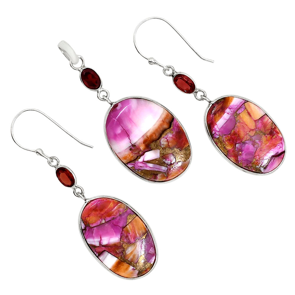 Kingman Orange Dahlia Turquoise and Garnet Pendant Earrings Set T-1010 SDT03559