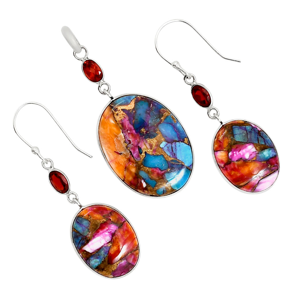 Kingman Orange Dahlia Turquoise and Garnet Pendant Earrings Set T-1010 SDT03560