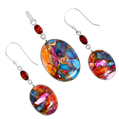 Kingman Orange Dahlia Turquoise and Garnet Pendant Earrings Set T-1010 SDT03560