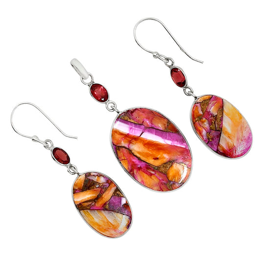 Kingman Orange Dahlia Turquoise and Garnet Pendant Earrings Set T-1010 SDT03561