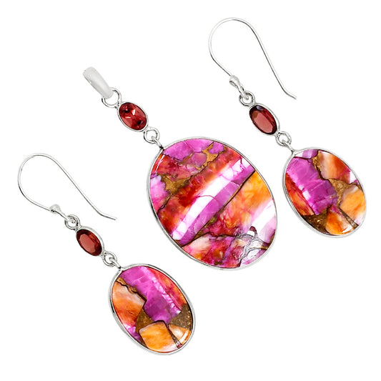 Kingman Orange Dahlia Turquoise and Garnet Pendant Earrings Set T-1010 SDT03562