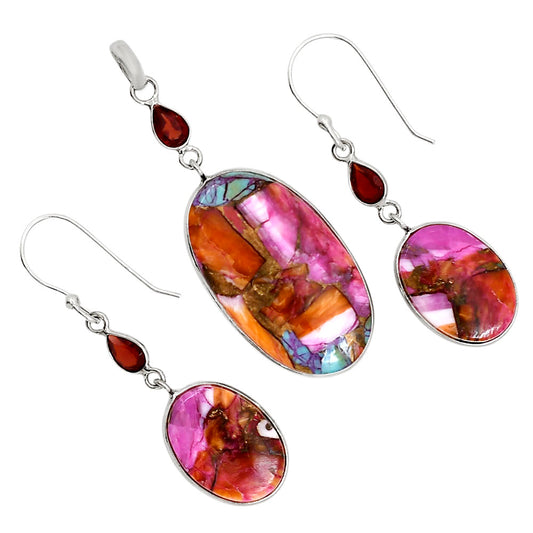 Kingman Orange Dahlia Turquoise and Garnet Pendant Earrings Set T-1010 SDT03563