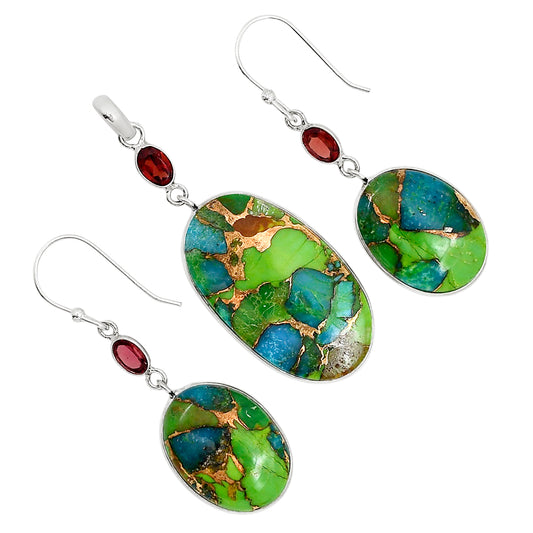 Blue Turquoise In Green Mohave and Garnet Pendant Earrings Set T-1010 SDT03564