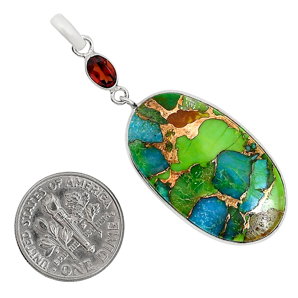 Blue Turquoise In Green Mohave and Garnet Pendant Earrings Set T-1010 SDT03564