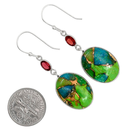 Blue Turquoise In Green Mohave and Garnet Pendant Earrings Set T-1010 SDT03564