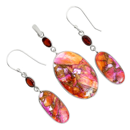Kingman Orange Dahlia Turquoise and Garnet Pendant Earrings Set T-1010 SDT03566