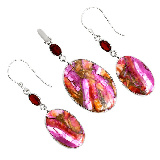 Kingman Orange Dahlia Turquoise and Garnet Pendant Earrings Set T-1010 SDT03567