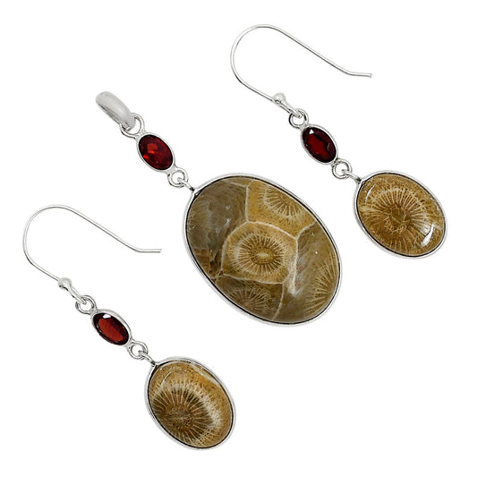 Flower Fossil Coral and Garnet Pendant Earrings Set T-1010 SDT03569