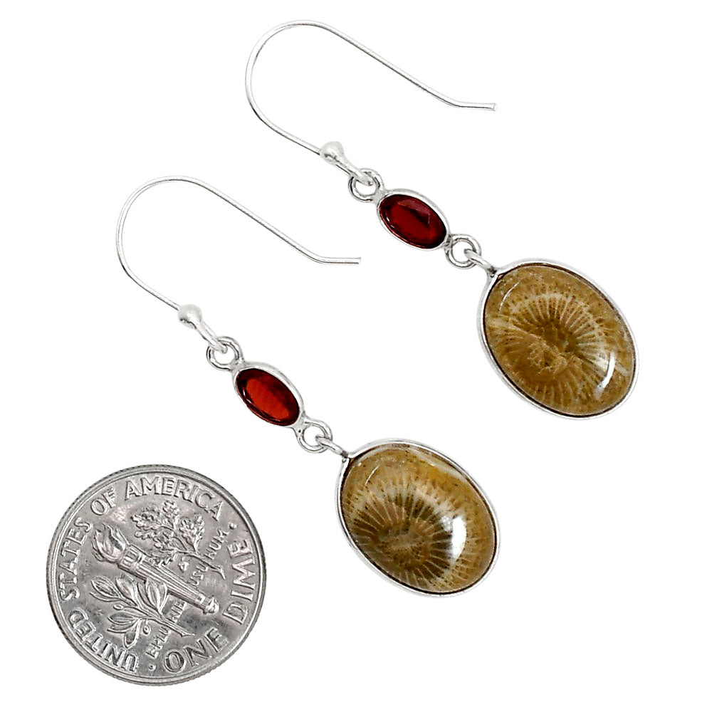 Flower Fossil Coral and Garnet Pendant Earrings Set T-1010 SDT03569