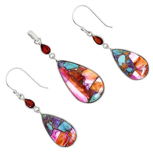 Kingman Orange Dahlia Turquoise and Hessonite Garnet Pendant Earrings Set T-1010 SDT03573