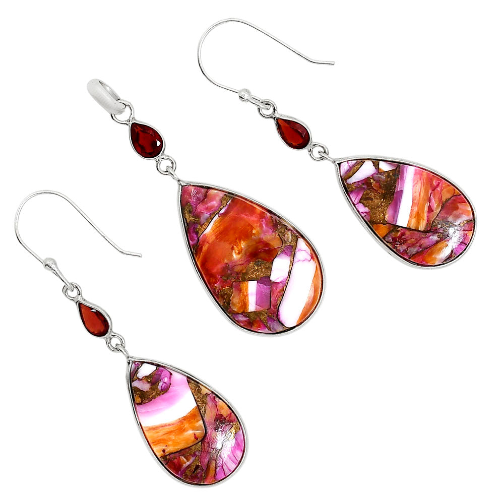 Kingman Orange Dahlia Turquoise and Hessonite Garnet Pendant Earrings Set T-1010 SDT03575