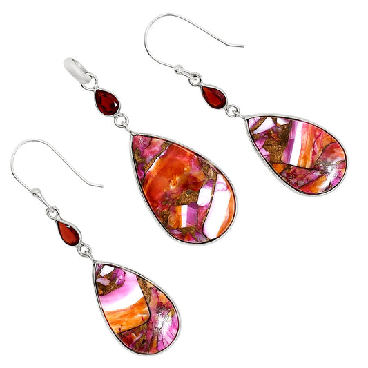 Kingman Orange Dahlia Turquoise and Hessonite Garnet Pendant Earrings Set T-1010 SDT03575