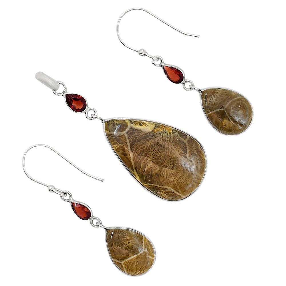 Flower Fossil Coral and Hessonite Garnet Pendant Earrings Set T-1010 SDT03576