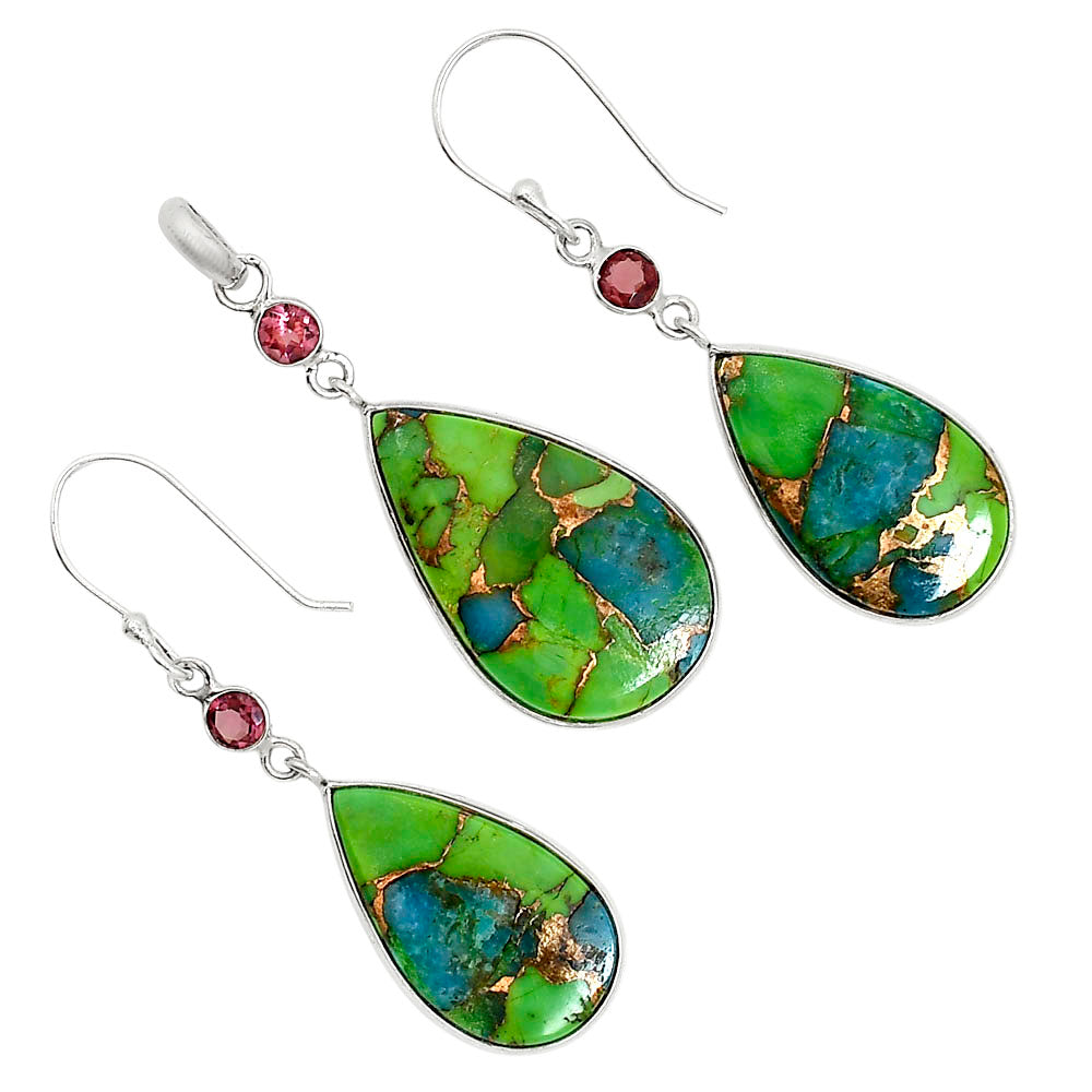 Blue Turquoise In Green Mohave and Hessonite Garnet Pendant Earrings Set T-1010 SDT03577